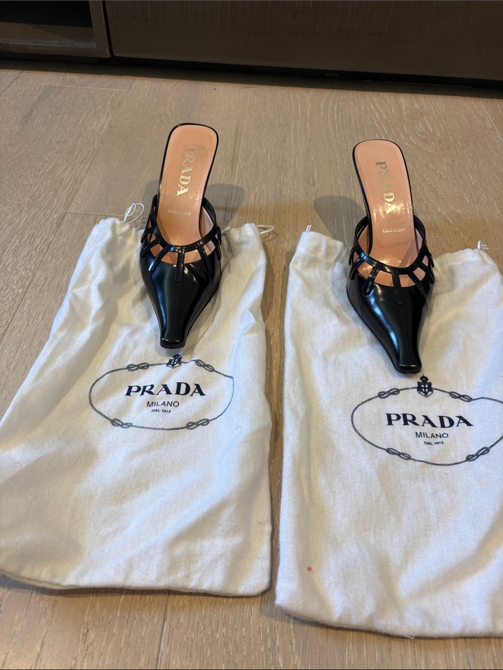 Prada Black Pointed Leather Cutout Mules - Picture 2 of 4